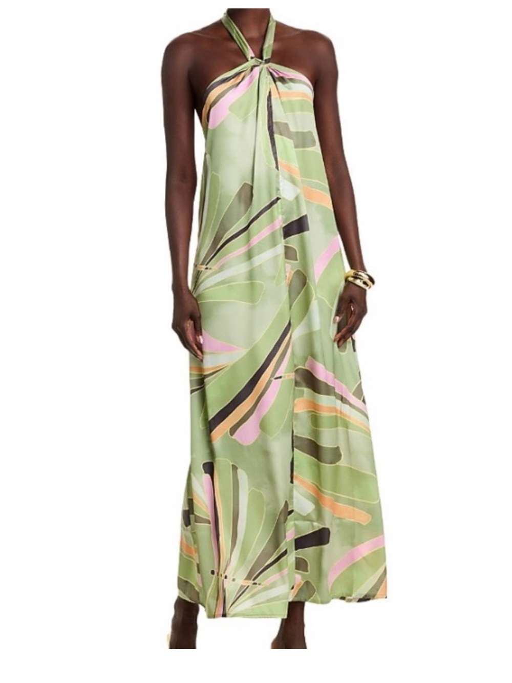 Elan Green Abstract Halter-Style Maxi Dress with Pink & Cream Accents